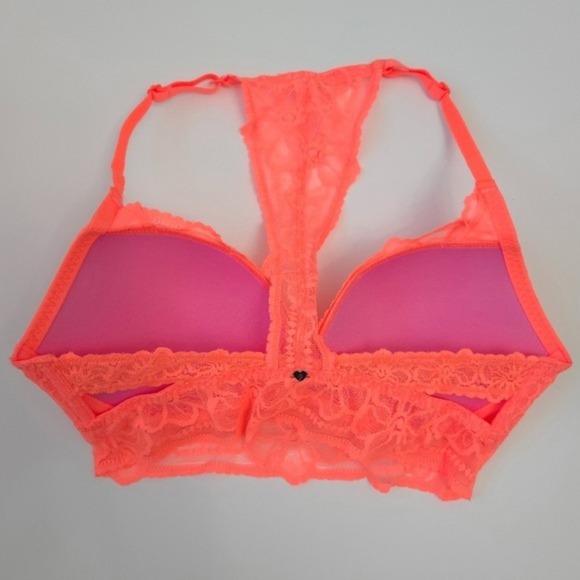 NWOT PINK Victoria's Secret Neon Coral Orange Push-Up Lace Racerback Bra- Small - Picture 2 of 5